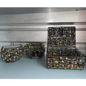 Vintage Boho Copper Beaded Jewelry Box & 2 Wall Hanging Candle Holders Set
